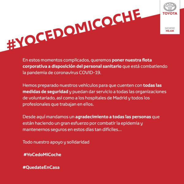 Toyota se suma a la iniciativa #YoCedoMiCoche para ayudar a combatir el coronavirus - Foto